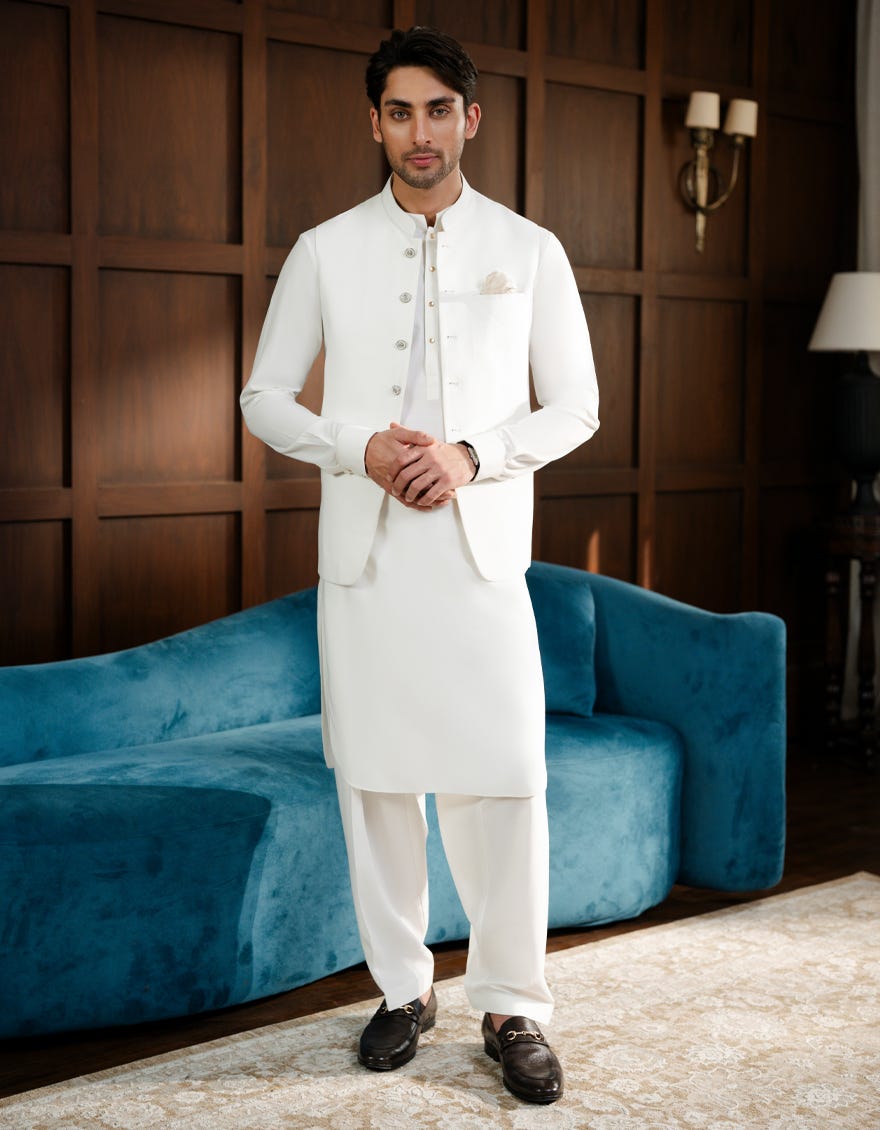OFF WHITE EXCLUSIVE KAMEEZ SHALWAR + WAISTCOAT