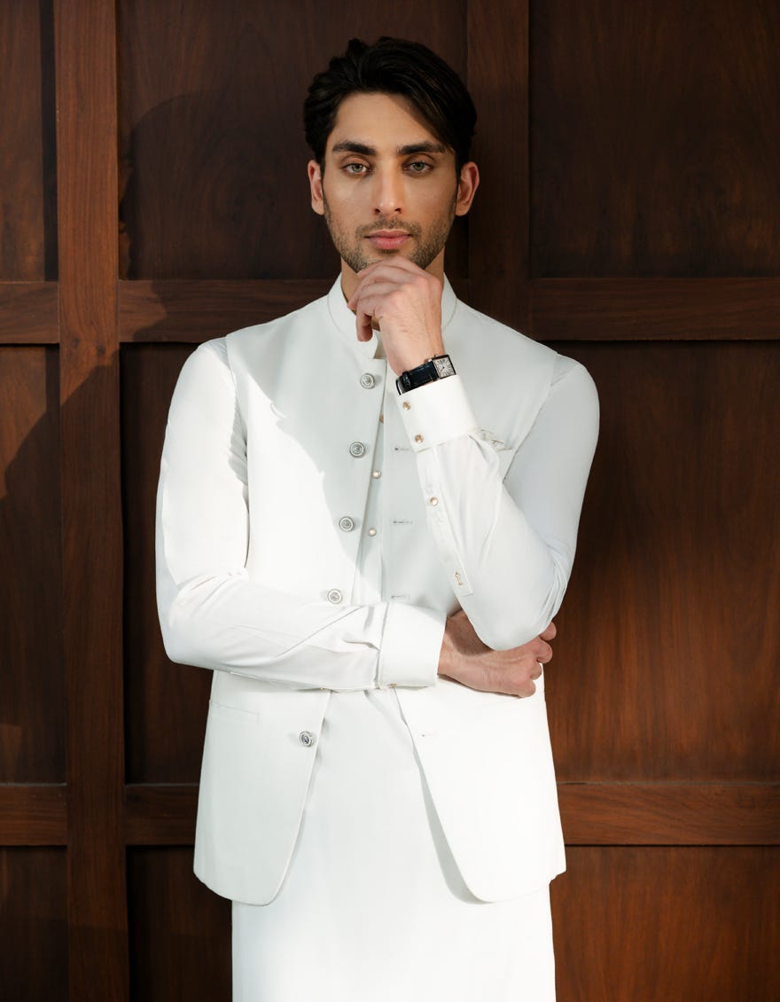 OFF WHITE EXCLUSIVE KAMEEZ SHALWAR + WAISTCOAT