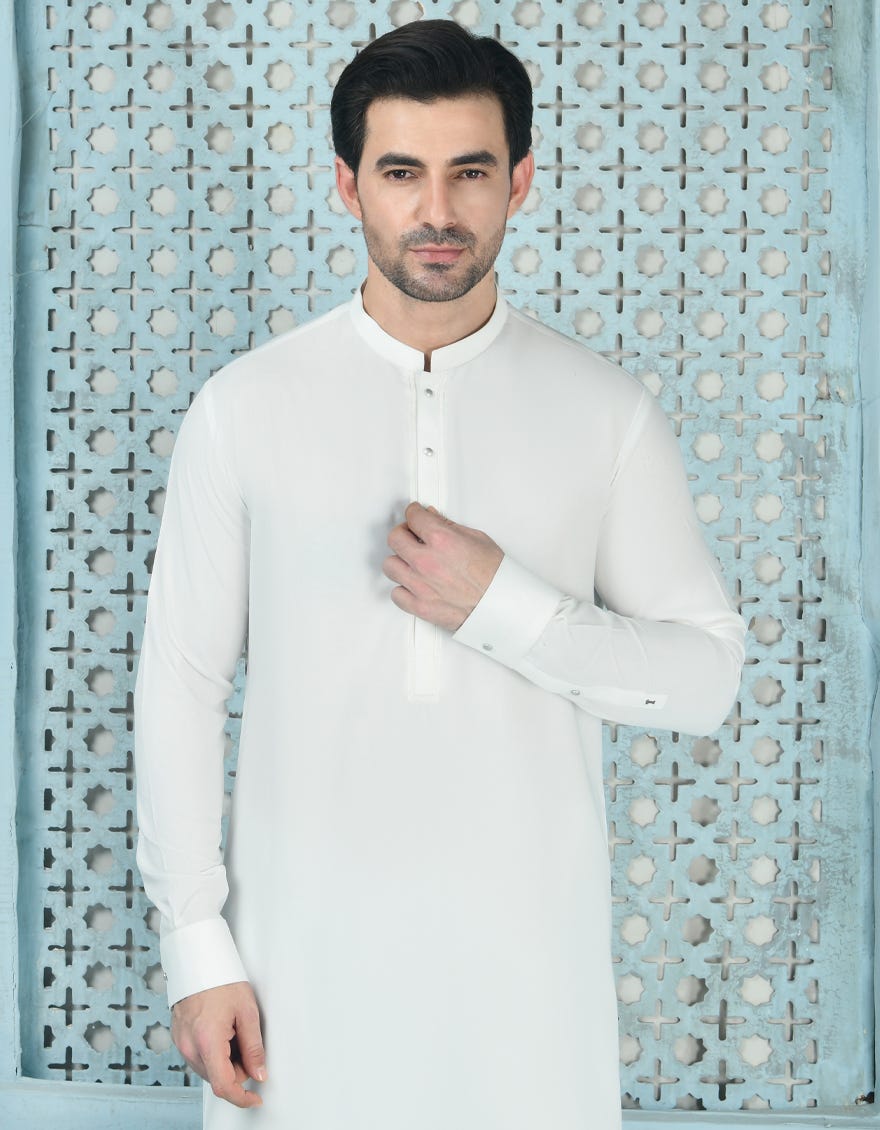 White Blended Men's Kameez Shalwar | Jjks-S-90443