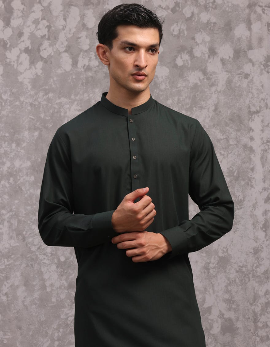 Dark Green Cotton Men's Kameez Shalwar | Jjks-A-91406
