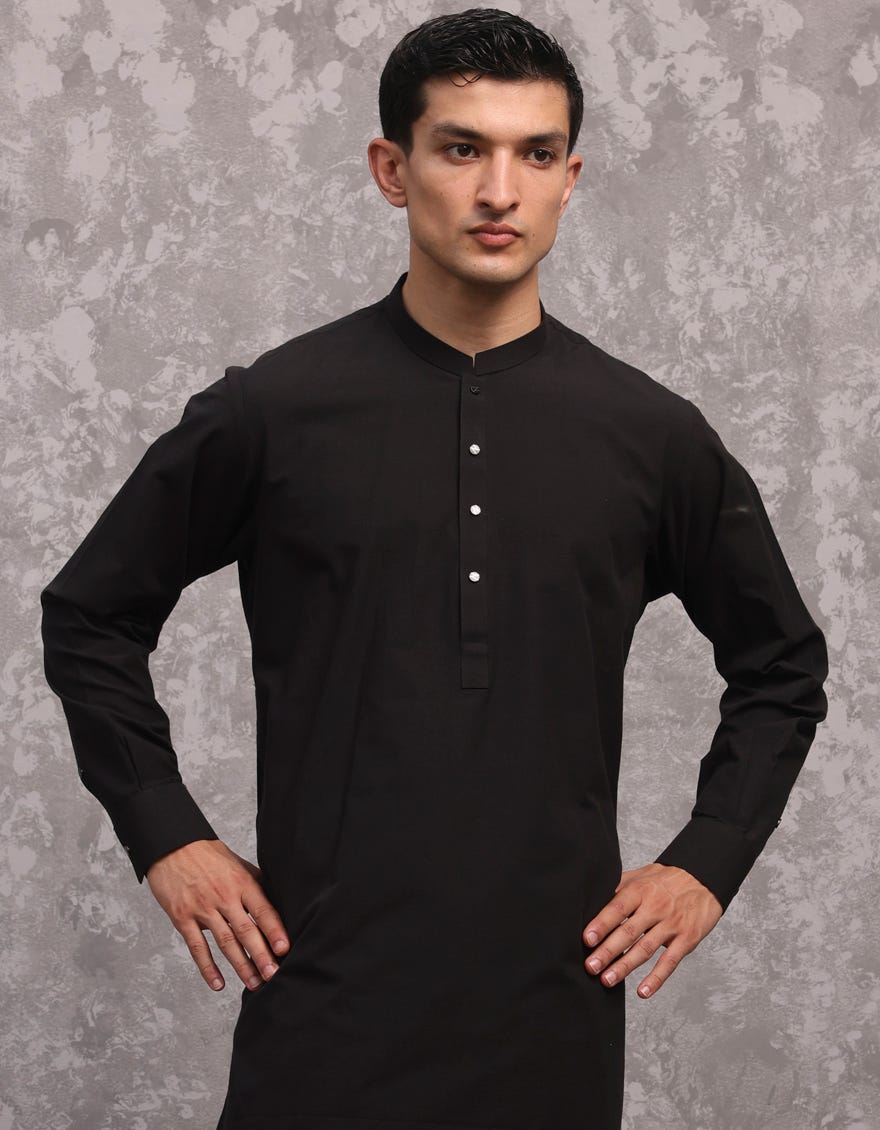 Black Cotton Men's Kameez Shalwar | Jjks-A-91407