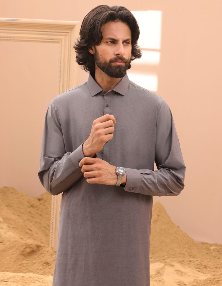 Grey Cotton Men's Kameez Shalwar | Jjks-A-91409