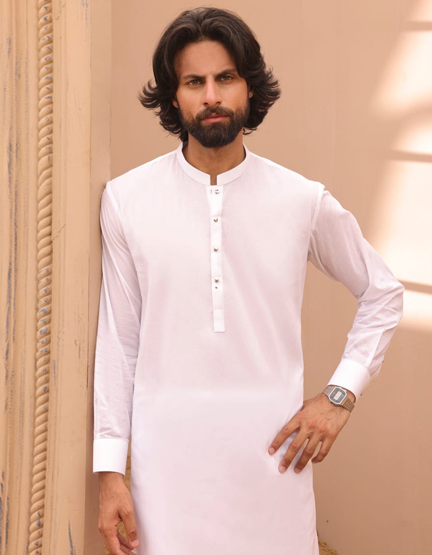 White Cotton Men's Kameez Shalwar | Jjks-A-91411