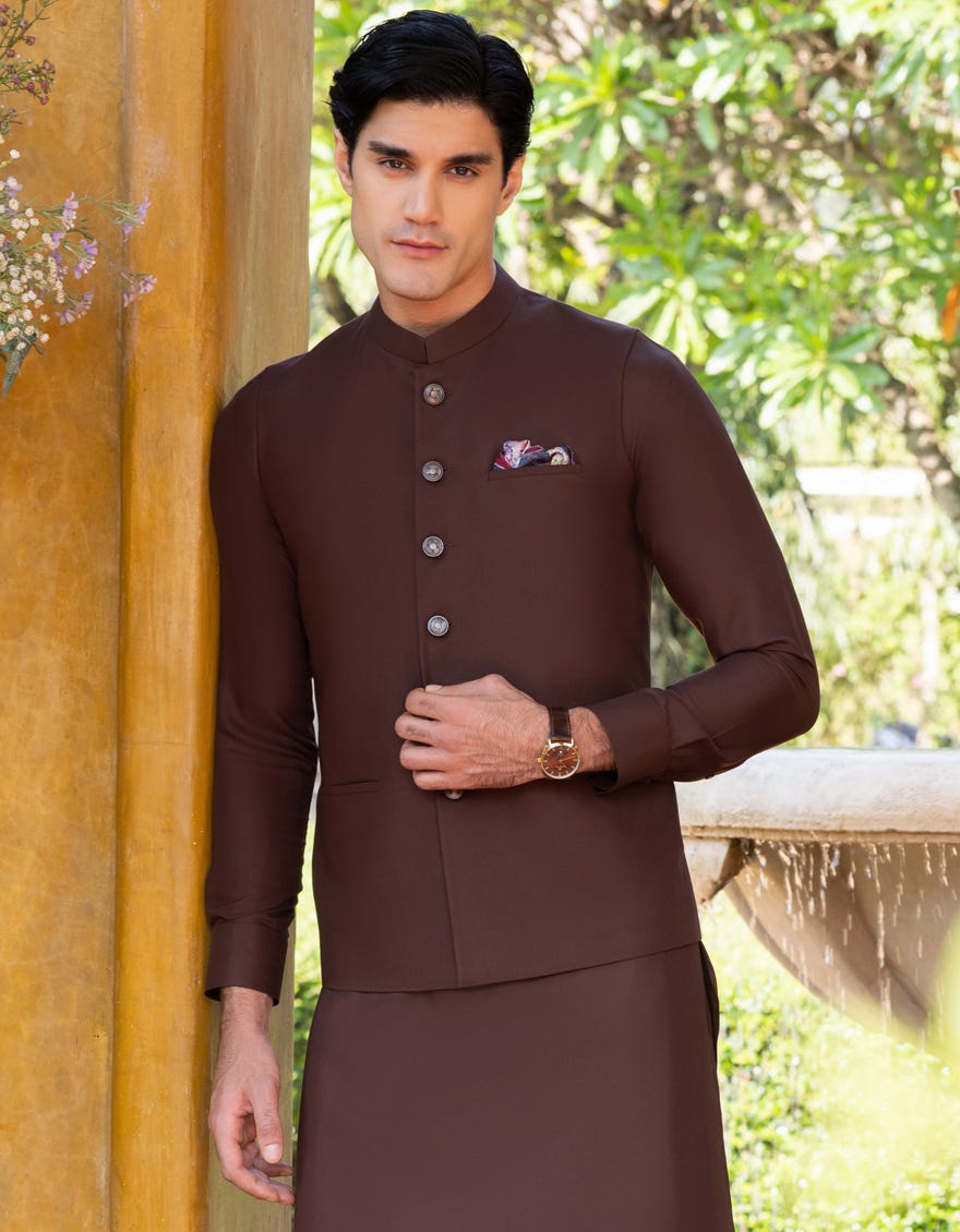 Brown Blended Kameez Shalwar+Waistcoat | Jjksvc-A-36971