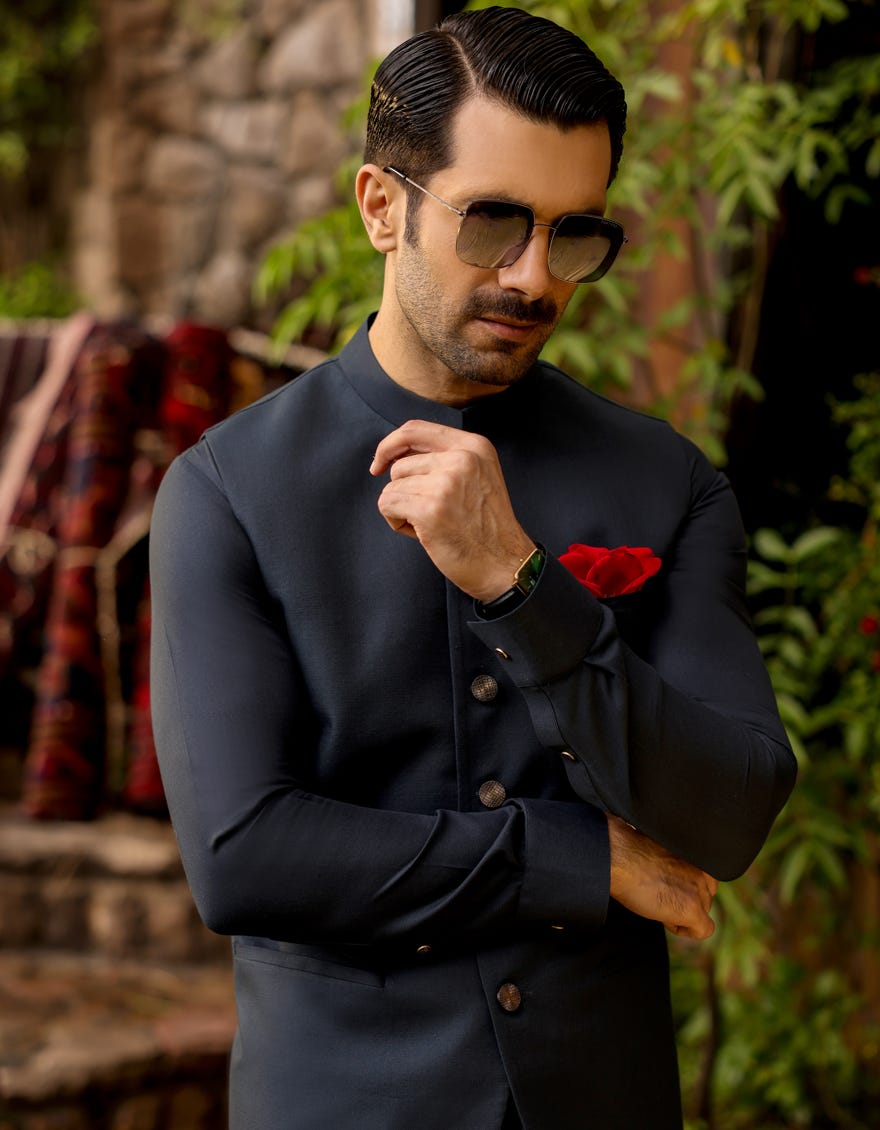 Green Blended Kameez Shalwar+Waistcoat | Jjksvc-A-47067