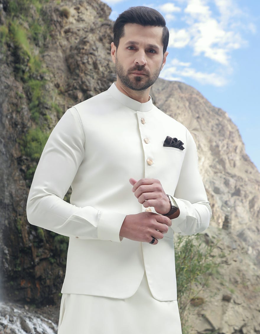 Off White White Kameez Shalwar+Waistcoat | Jjksvc-A-47070