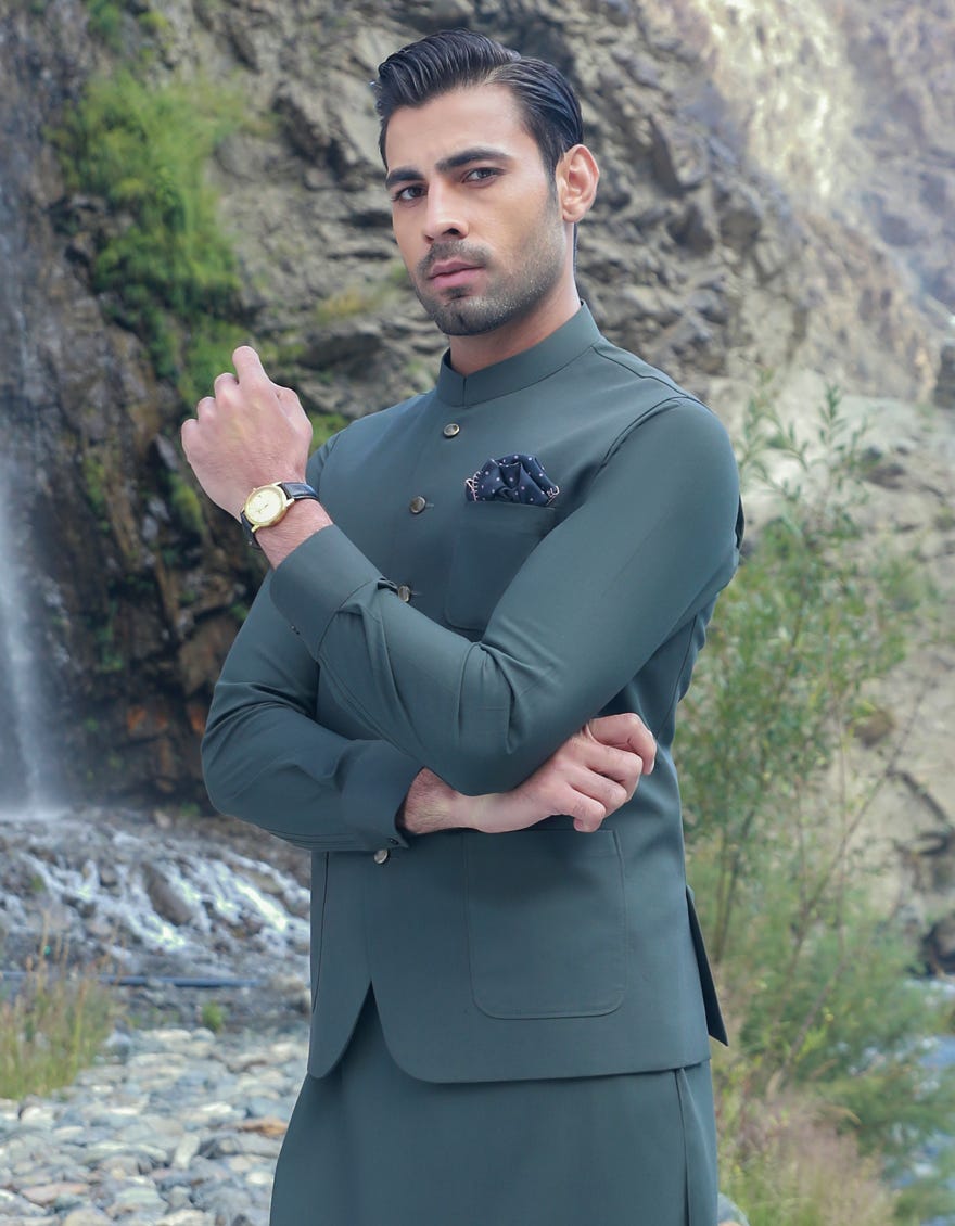 Army Green Cotton Kameez Shalwar+Waistcoat | Jjksvc-A-47116