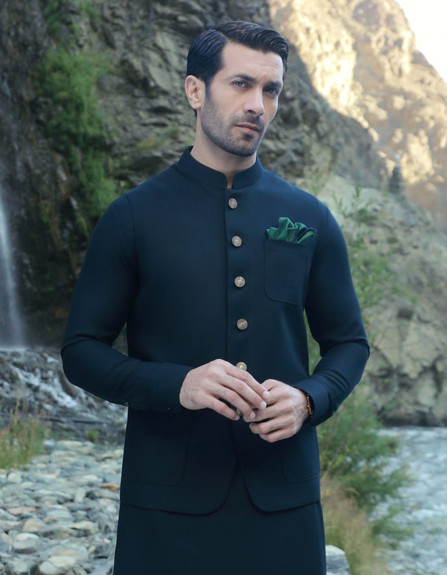 Black Blended Men's Kameez Shalwar | Jjksvc-A-47144