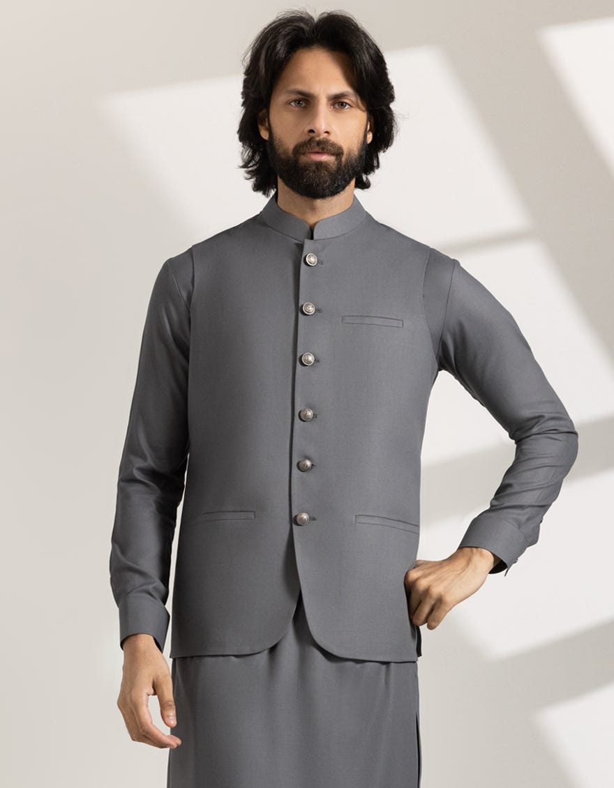 GREY BLENDED CASUAL KAMEEZ SHALWAR + WAISTCOAT