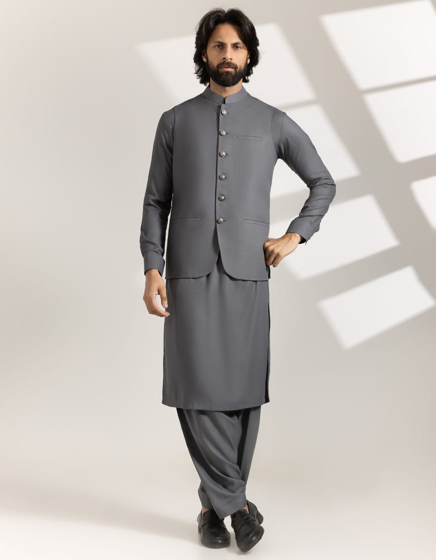GREY BLENDED CASUAL KAMEEZ SHALWAR + WAISTCOAT