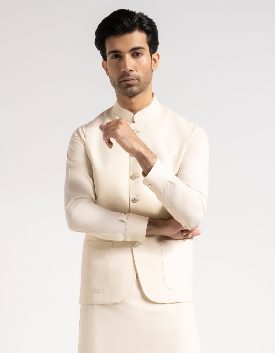 CREAM PLAIN KAMEEZ SHALWAR + WAISTCOAT