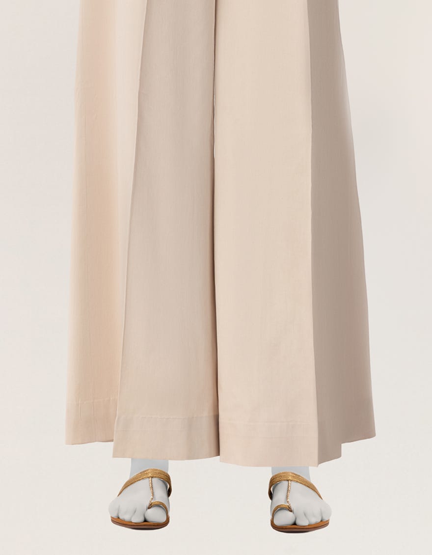 BEIGE COTTON VISCOSE FLARED TROUSERS
