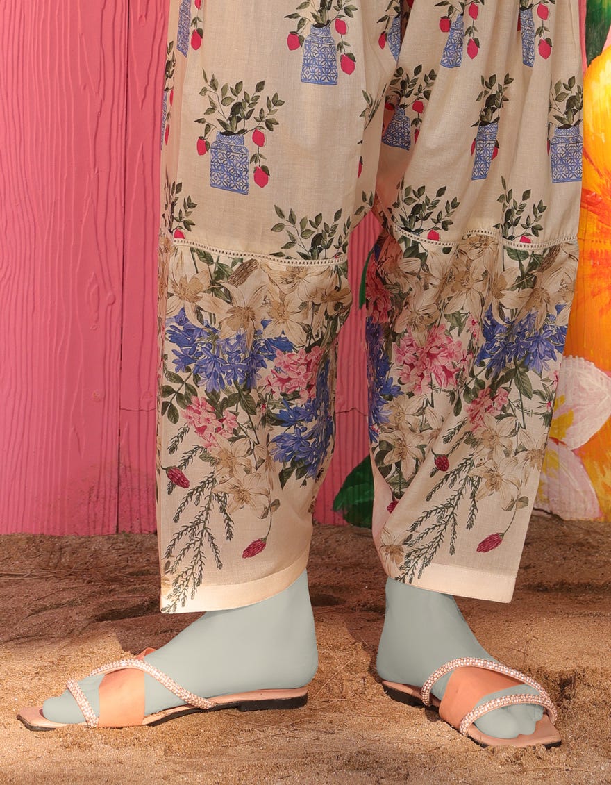 CREAM LAWN PRINTED TROUSERS