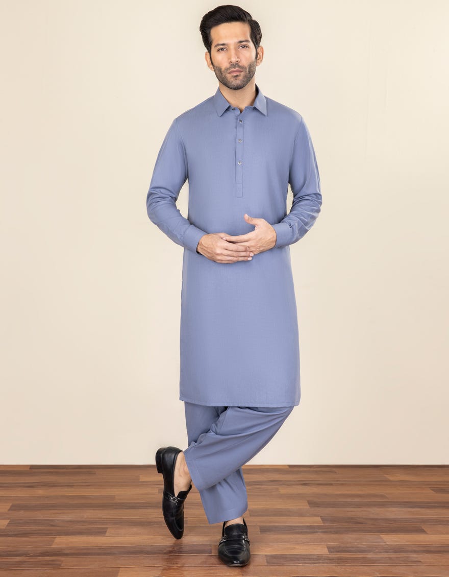 Denim Blue Blended Unstitched Kameez Shalwar Fabric | Jjms-2271