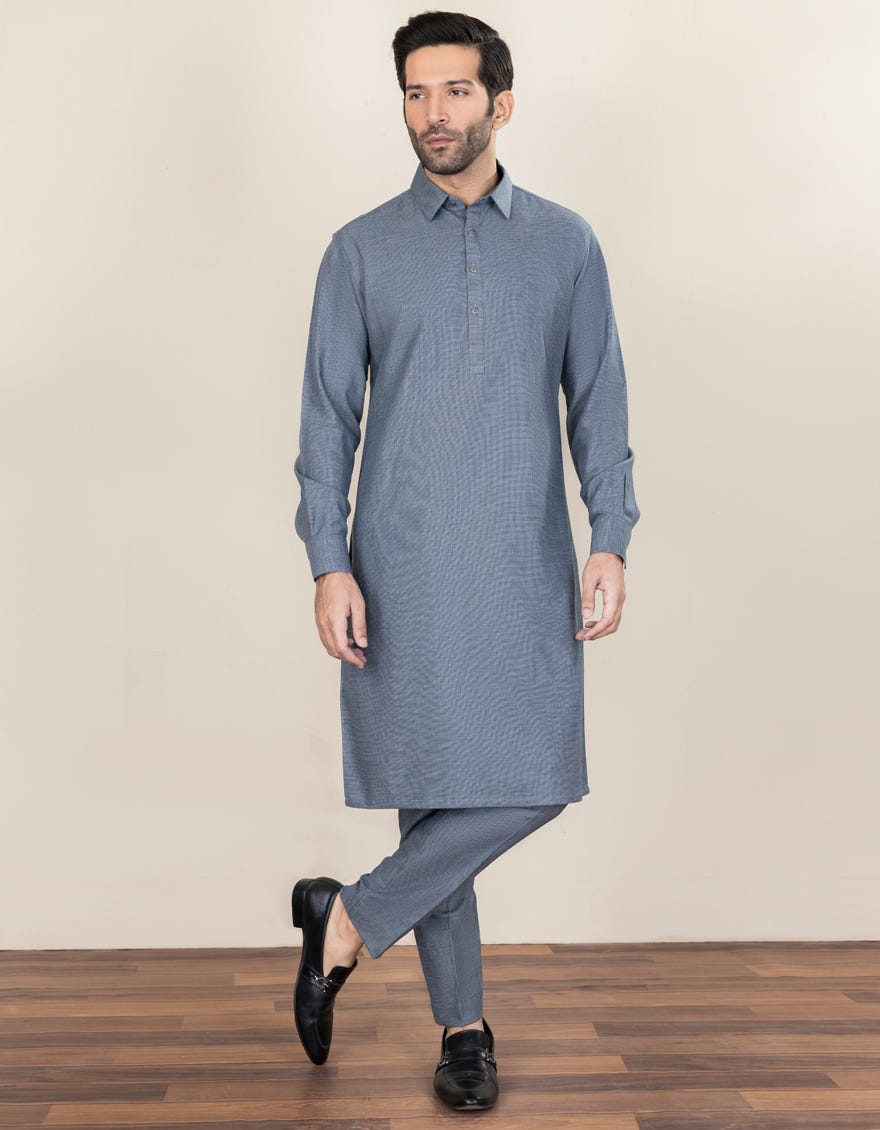 Hatched Blue Blended Unstitched Kameez Shalwar Fabric | Jjms-2277