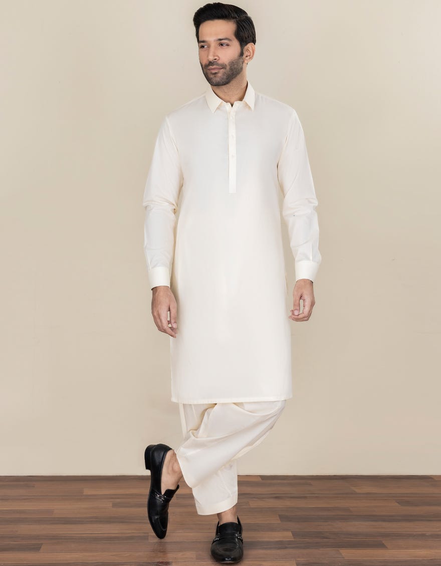 Cream Blended Unstitched Kameez Shalwar Fabric | Jjms-2279
