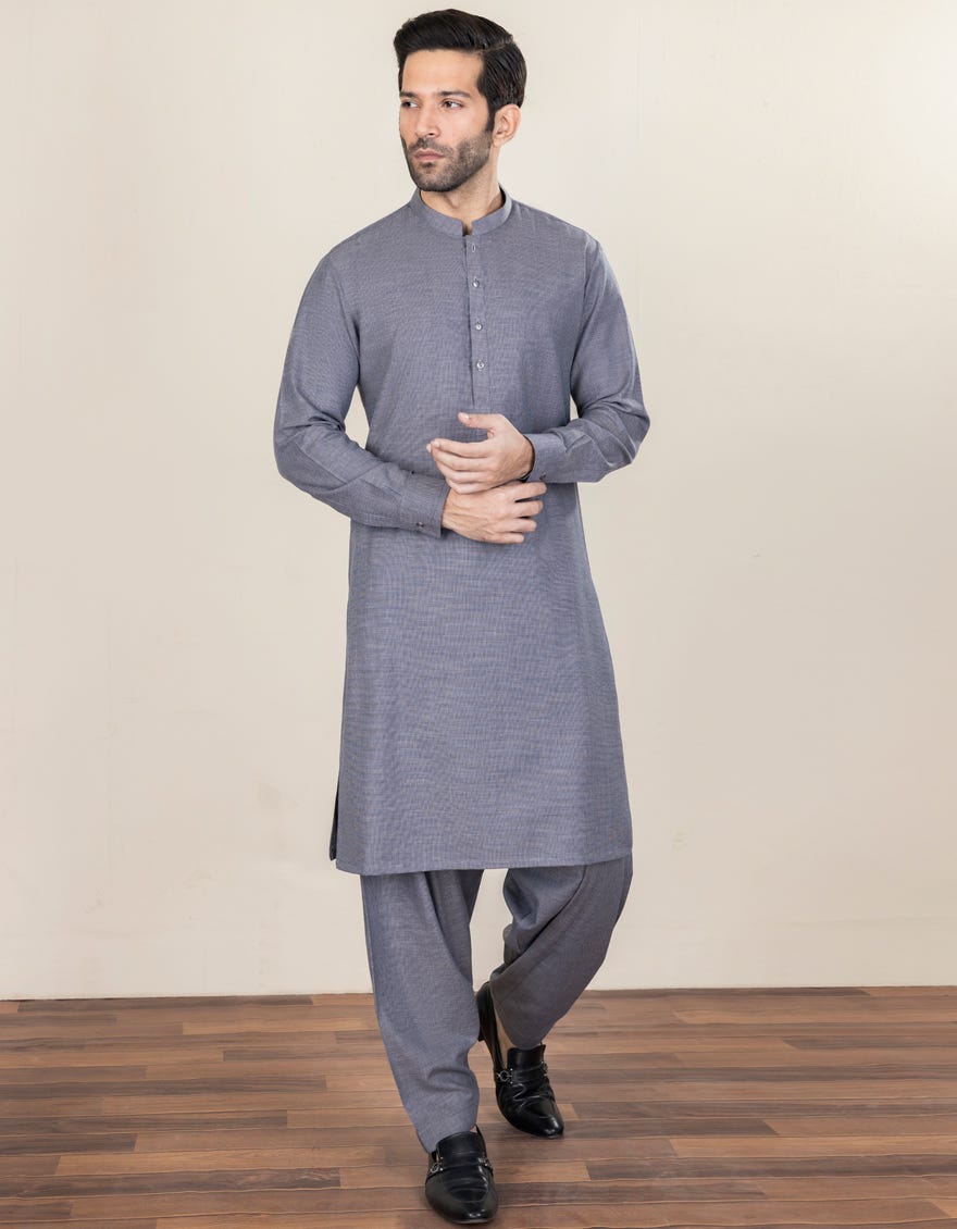 Hatched Grey Blended Unstitched Kameez Shalwar Fabric | Jjms-2283
