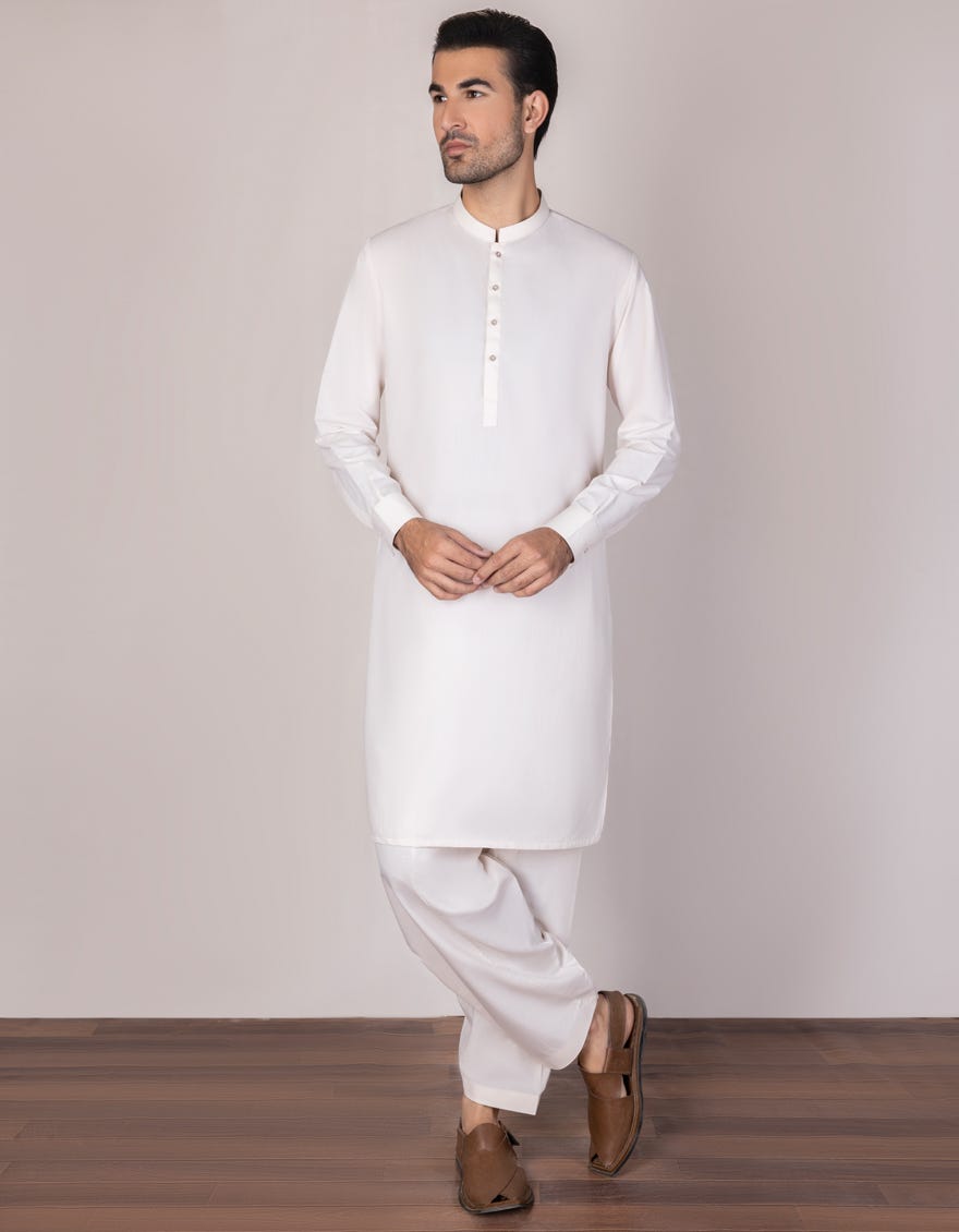 Cream Polyester Unstitched Kameez Shalwar Fabric | Jjms-2307