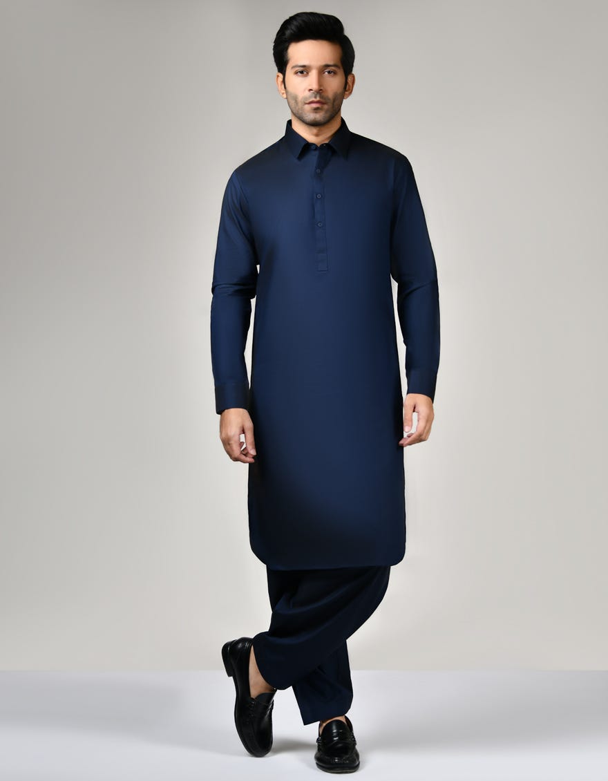 Midnight Blue Cotton Unstitched Kameez Shalwar Fabric | Jjms-2555