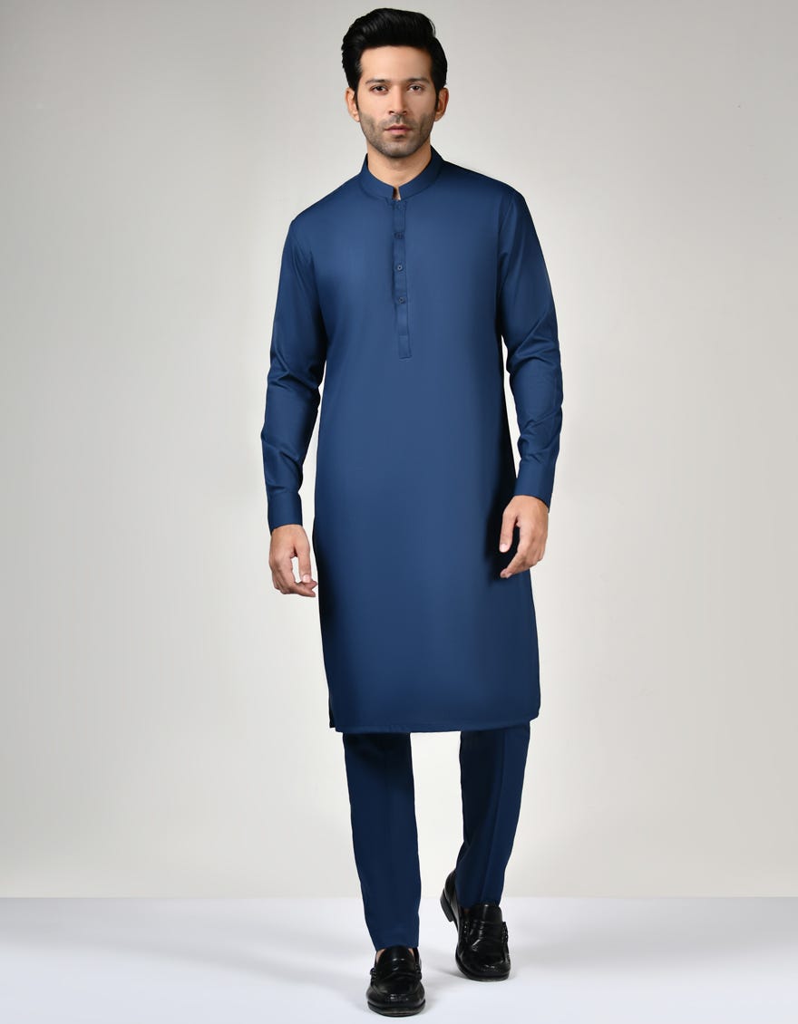 Prussian Blue Blended Unstitched Kameez Shalwar Fabric | Jjms-2582