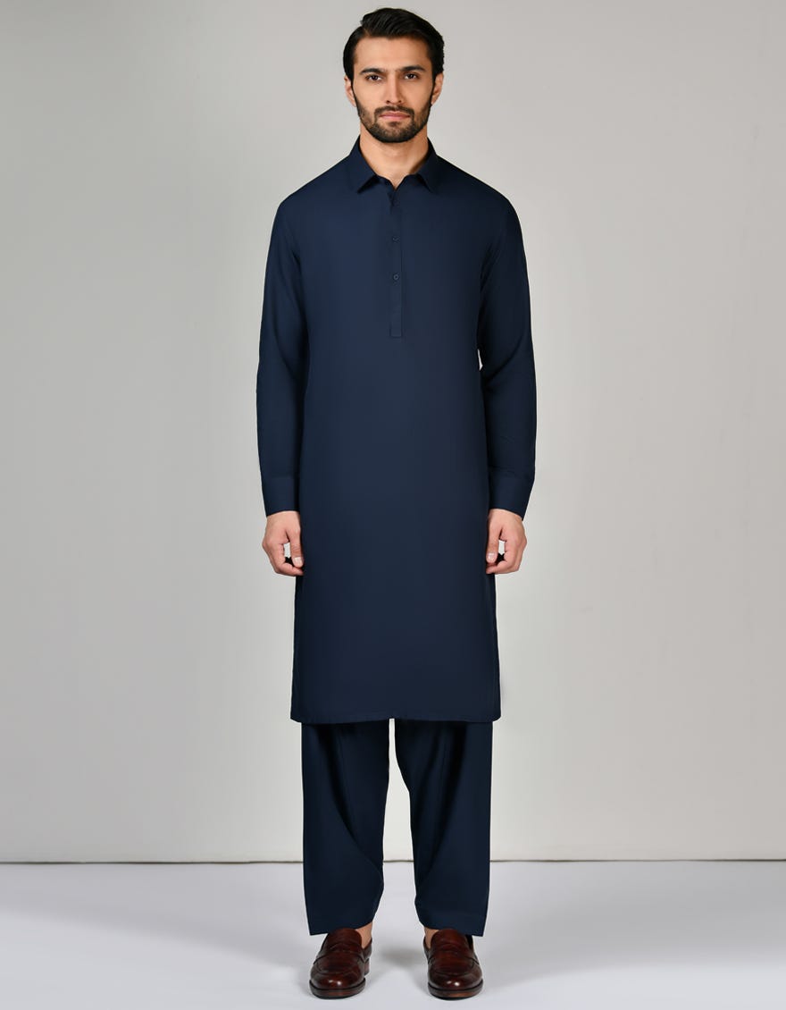 Navy Blue Blended Unstitched Kameez Shalwar Fabric - Jjms-2625