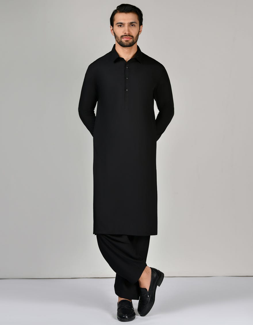 Black Blended Unstitched Kameez Shalwar Fabric - Jjms-2626