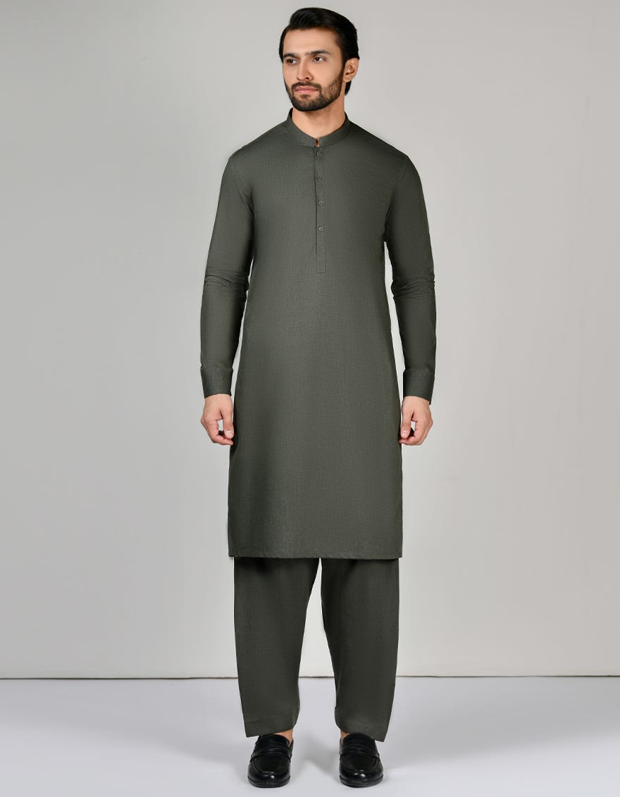 Army Green Blended Unstitched Kameez Shalwar Fabric - Jjms-2627