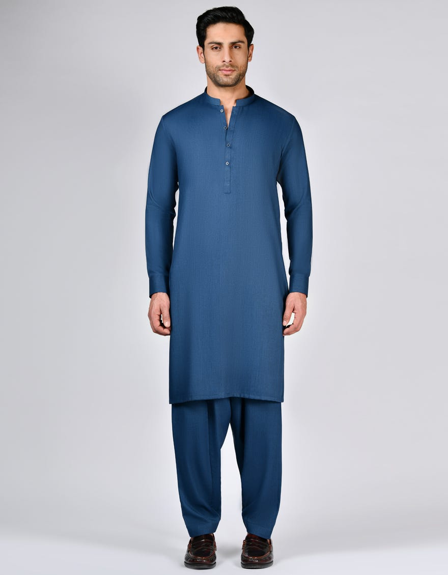 Yale Blue Blended Unstitched Kameez Shalwar Fabric - Jjms-2651