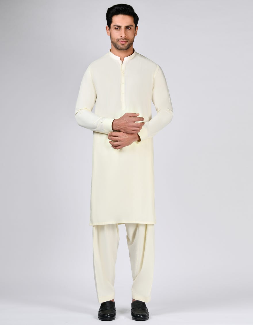 Cream Blended Unstitched Kameez Shalwar Fabric - Jjms-2673