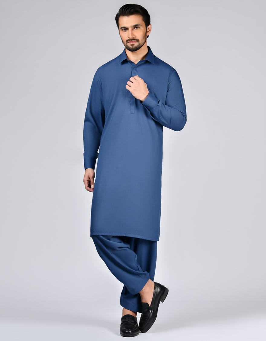 Prussian Blue Blended Unstitched Kameez Shalwar Fabric | Jjms-2711