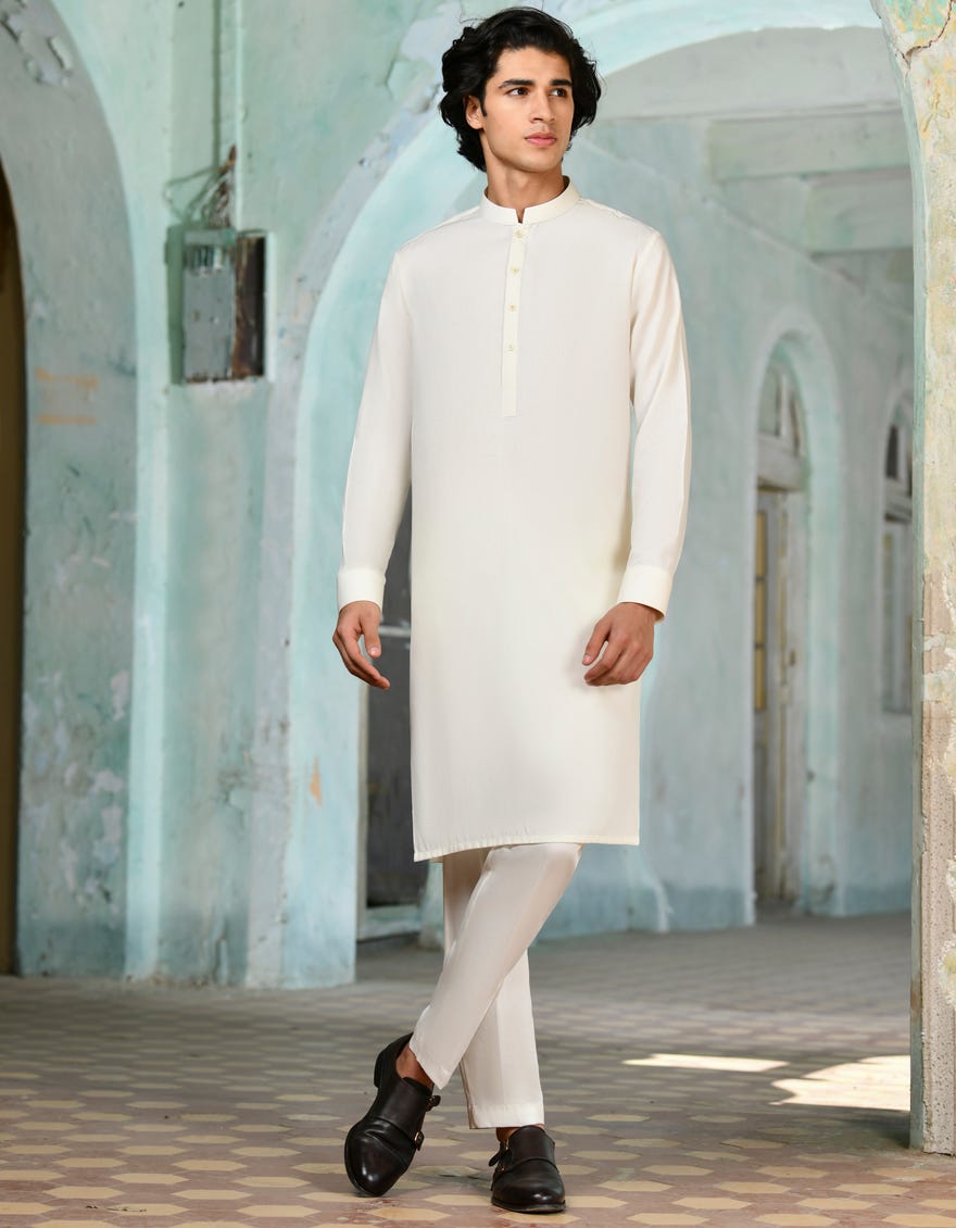 Off White Blended Unstitched Kameez Shalwar Fabric | Jjms-2730