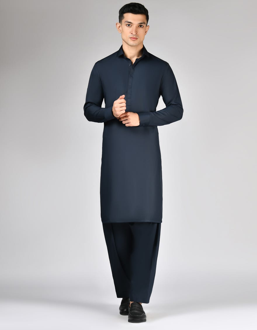 PRUSSIAN BLUE BLENDED UNSTITCHED KAMEEZ SHALWAR FABRIC | JJMS-2986