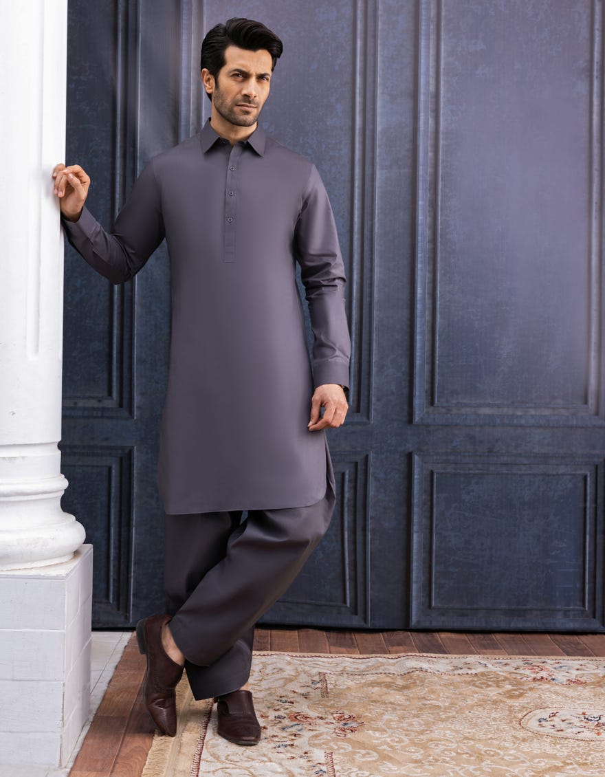 Grey Cotton Unstitched Kameez Shalwar Fabric | Jjms-3001-R25