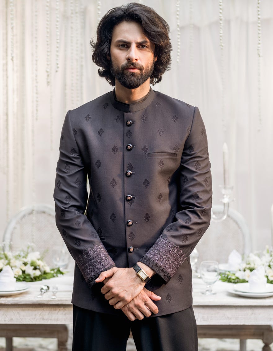 CHARCOAL GREY SUITING PRINCE COAT | JJPJ-48115