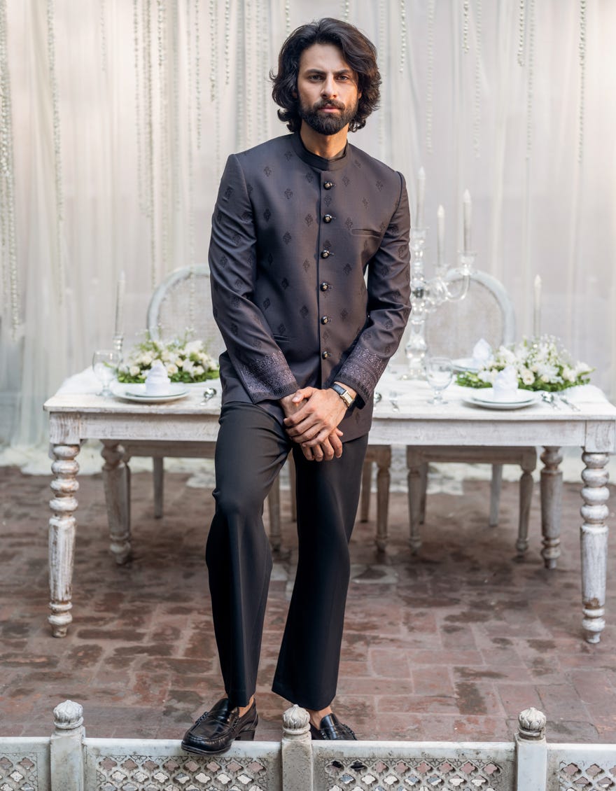CHARCOAL GREY SUITING PRINCE COAT | JJPJ-48115