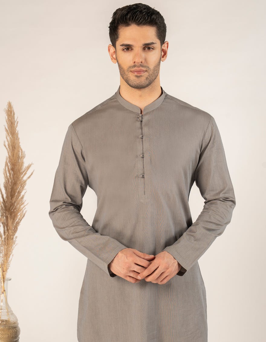 STONE GREY COTTON CASUAL SHORT KURTA TROUSER