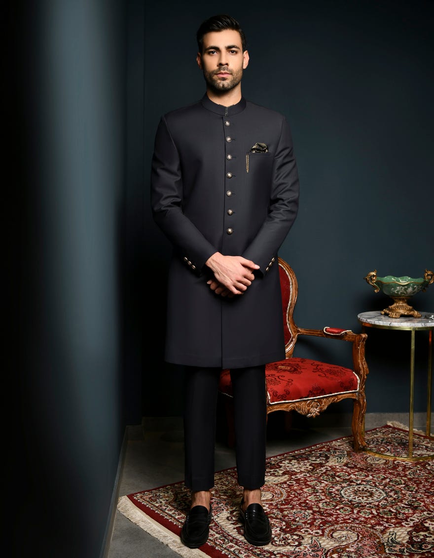 Black Suiting Sherwani | Jjswp-556
