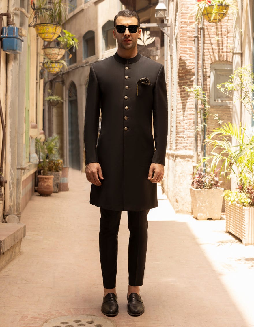 Black Suiting Sherwani | Jjswp-557