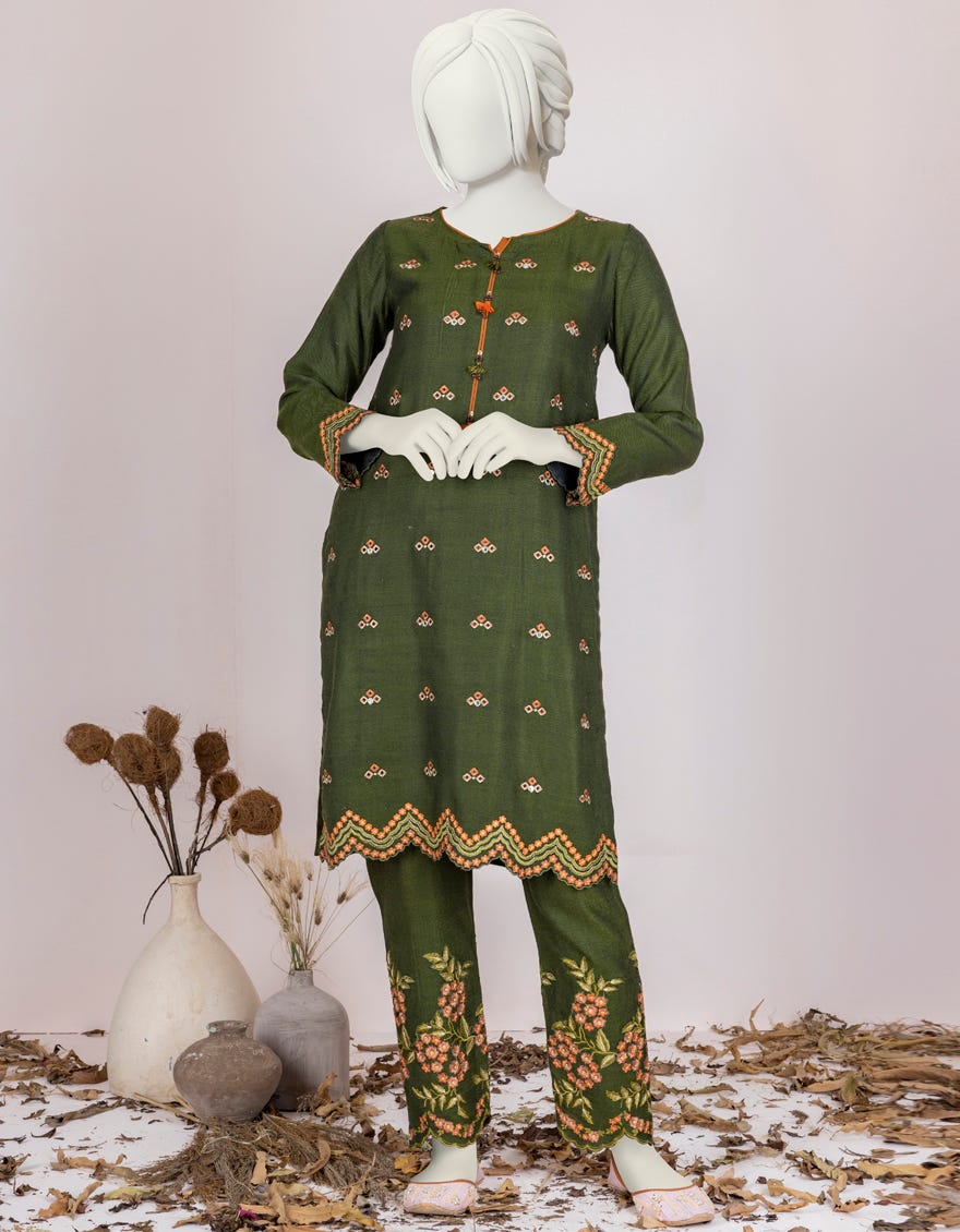 Green Cotton Teens 2 Piece Stitched Dress | Jgk-W-Jjt2-22-051