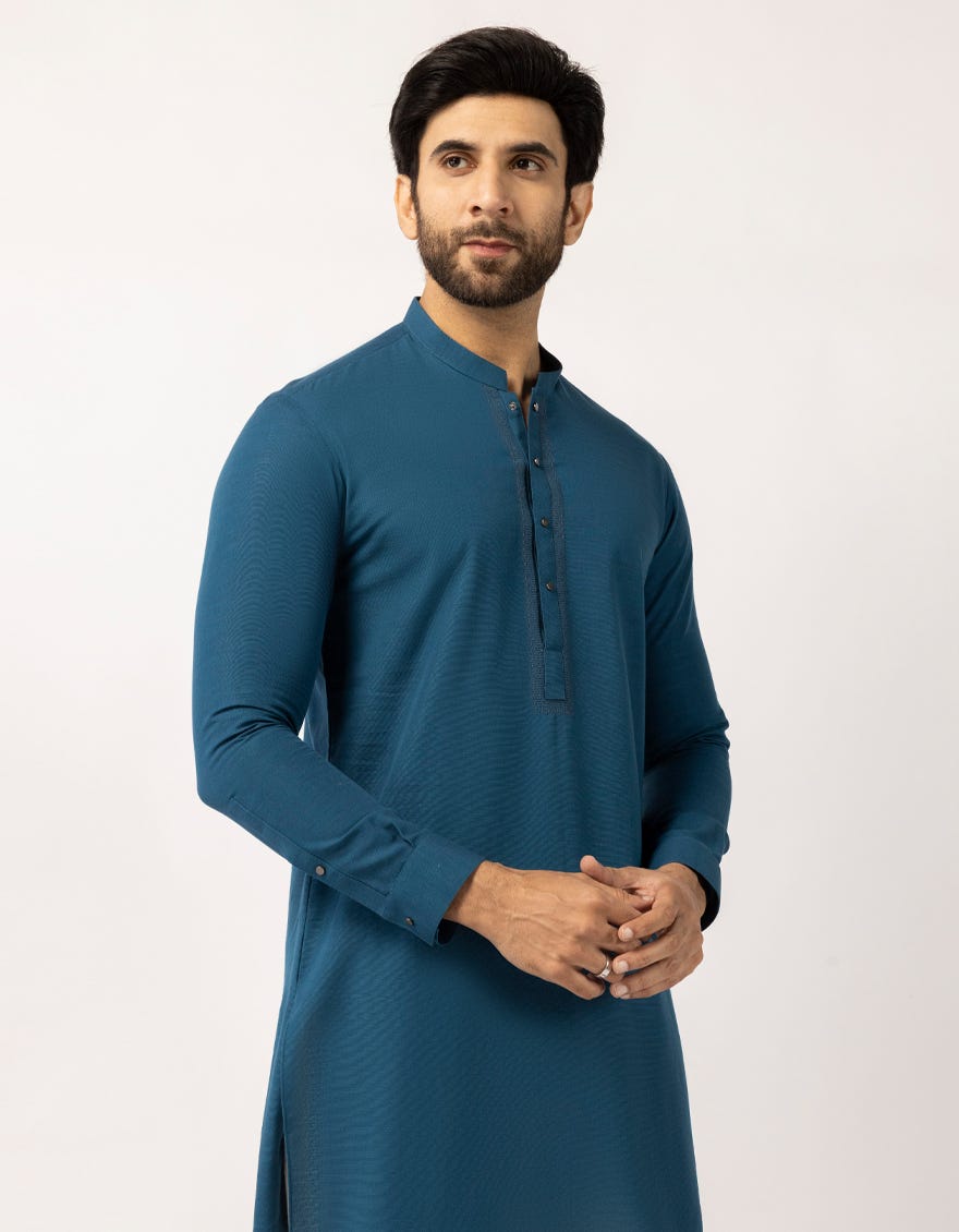 TEAL BLUE COTTON SEMI-FORMAL SHORT KURTA