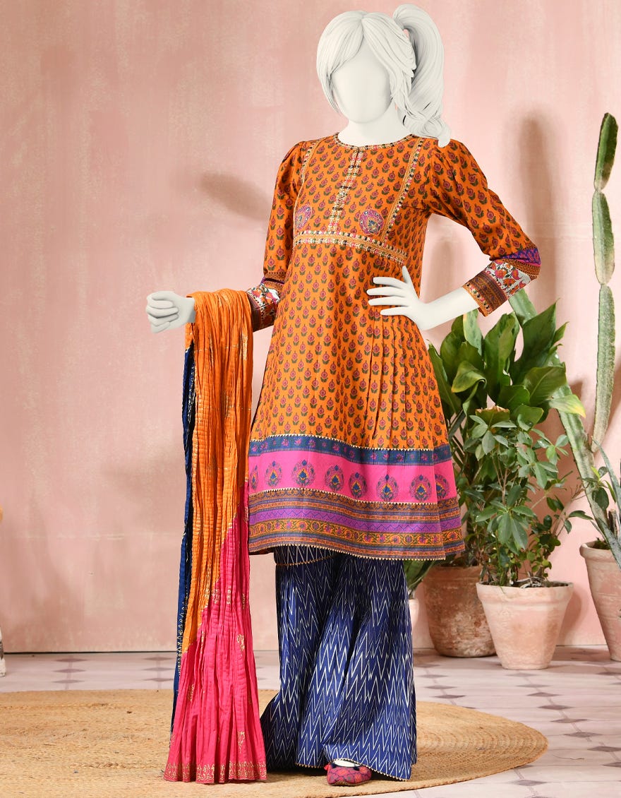 Orange Digital Teens 3 Piece Stitched | Jgk-S-Jjts-22-022