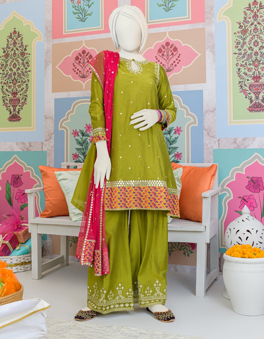 Green Raw Silk Teens 3 Piece Stitched | Jgk-S-Jjts-23-079