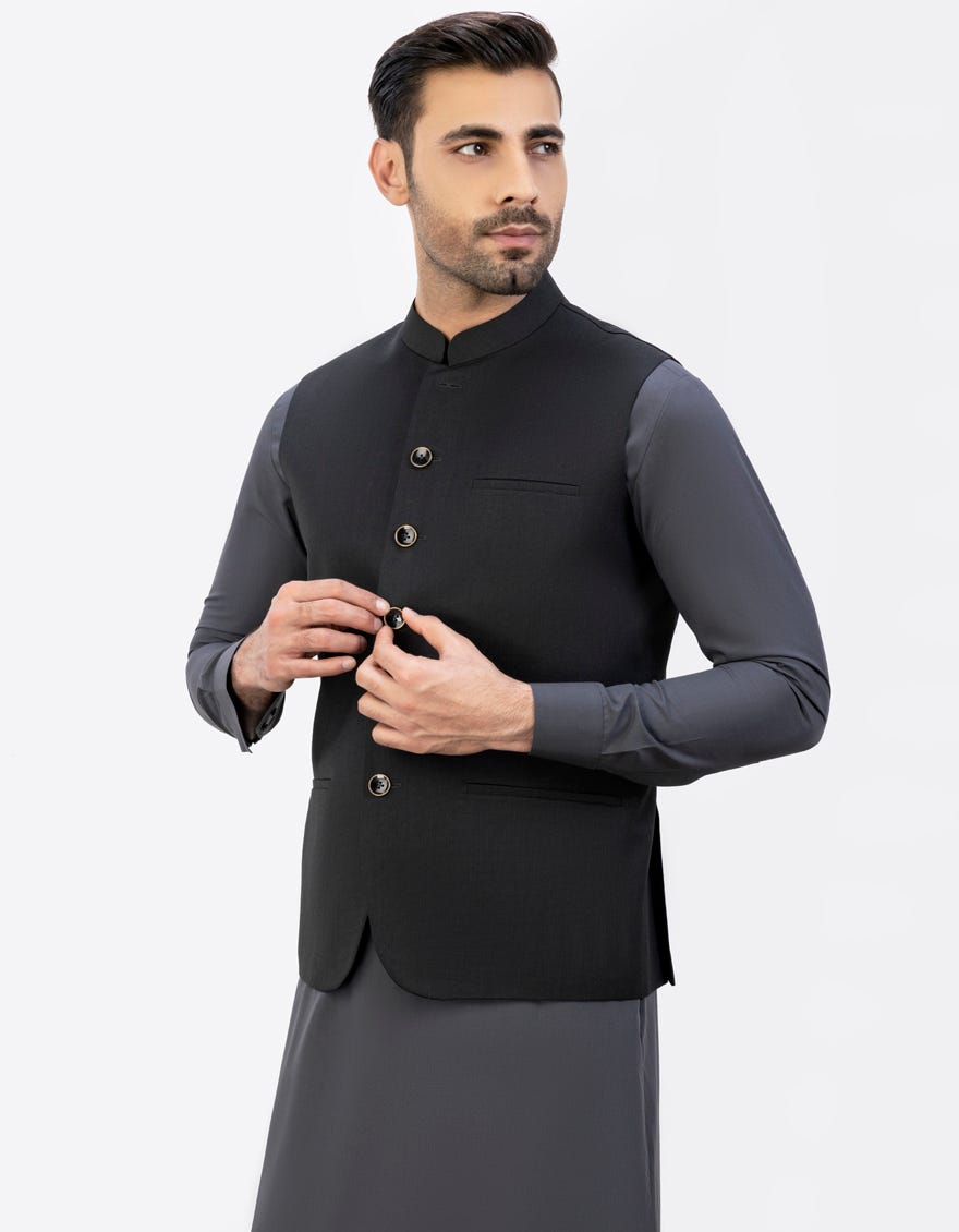 BLACK SUITING WAISTCOAT | JJVC-48014