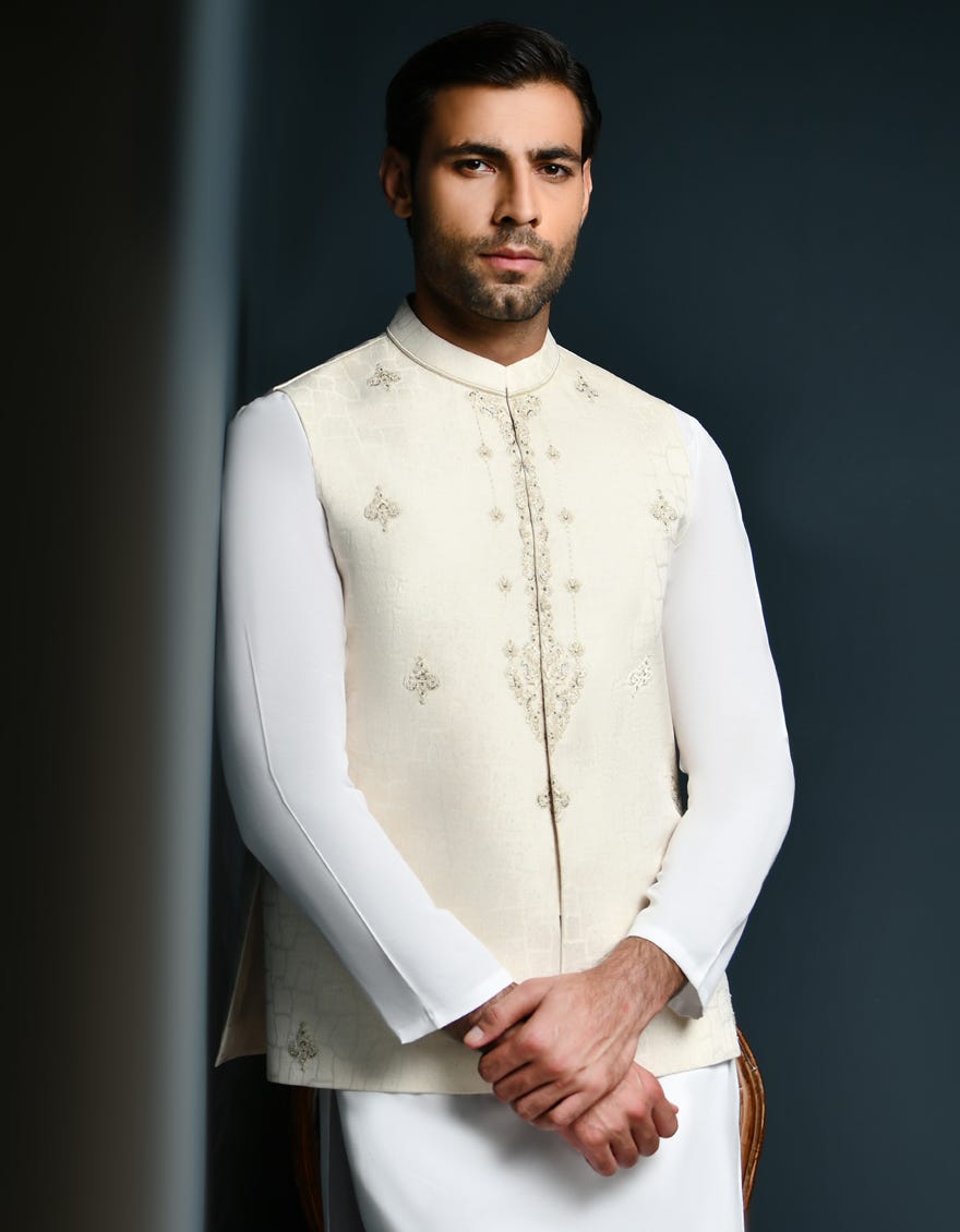 Cream Jamawar Waistcoat | Jjvc-48024