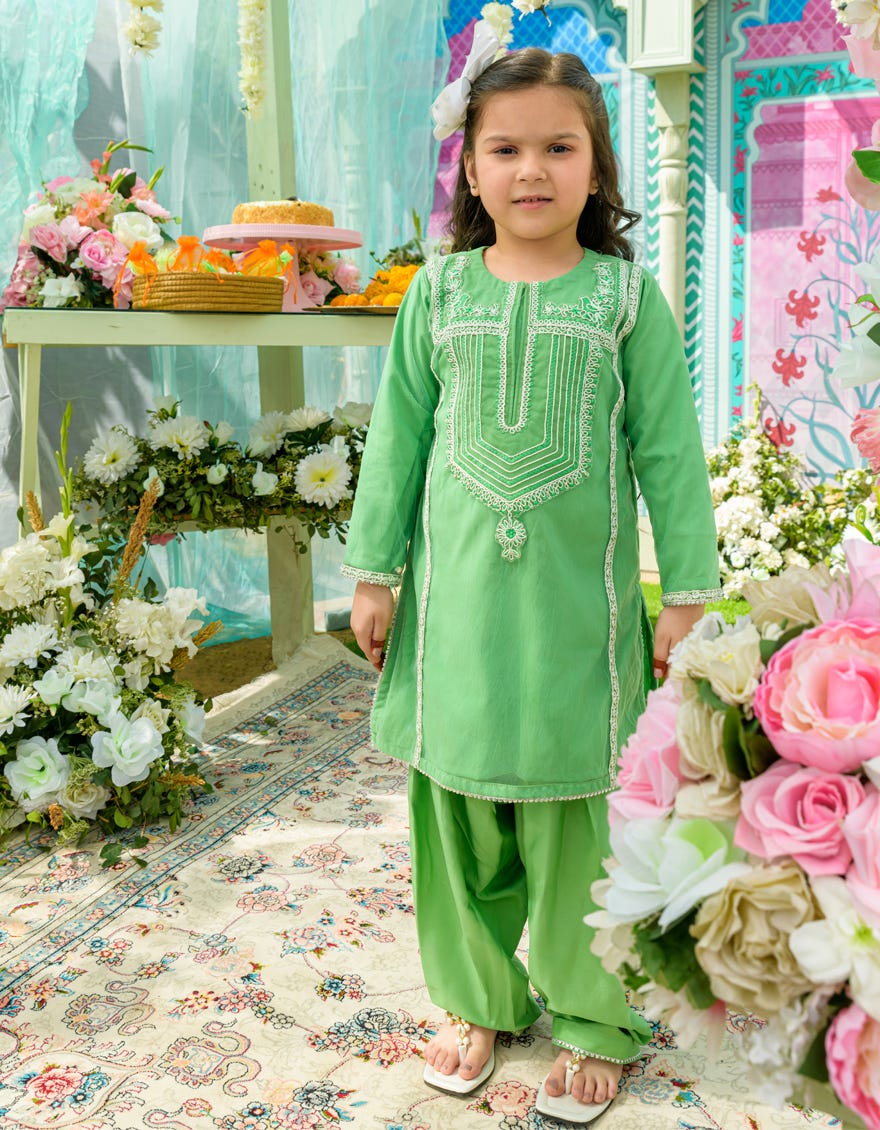 Green Net Girls 2 Piece Stitched | Jgkl-S-Jk2-23-5613