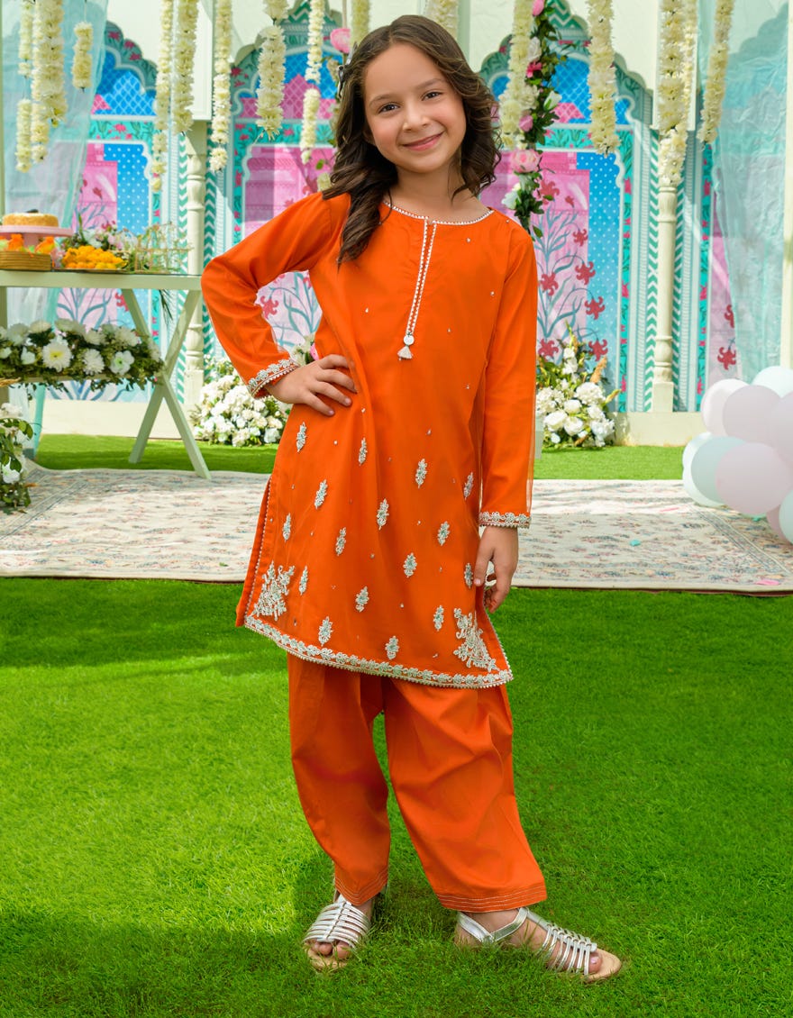 Orange Net Girls 2 Piece Stitched | Jgkl-S-Jk2-23-5614