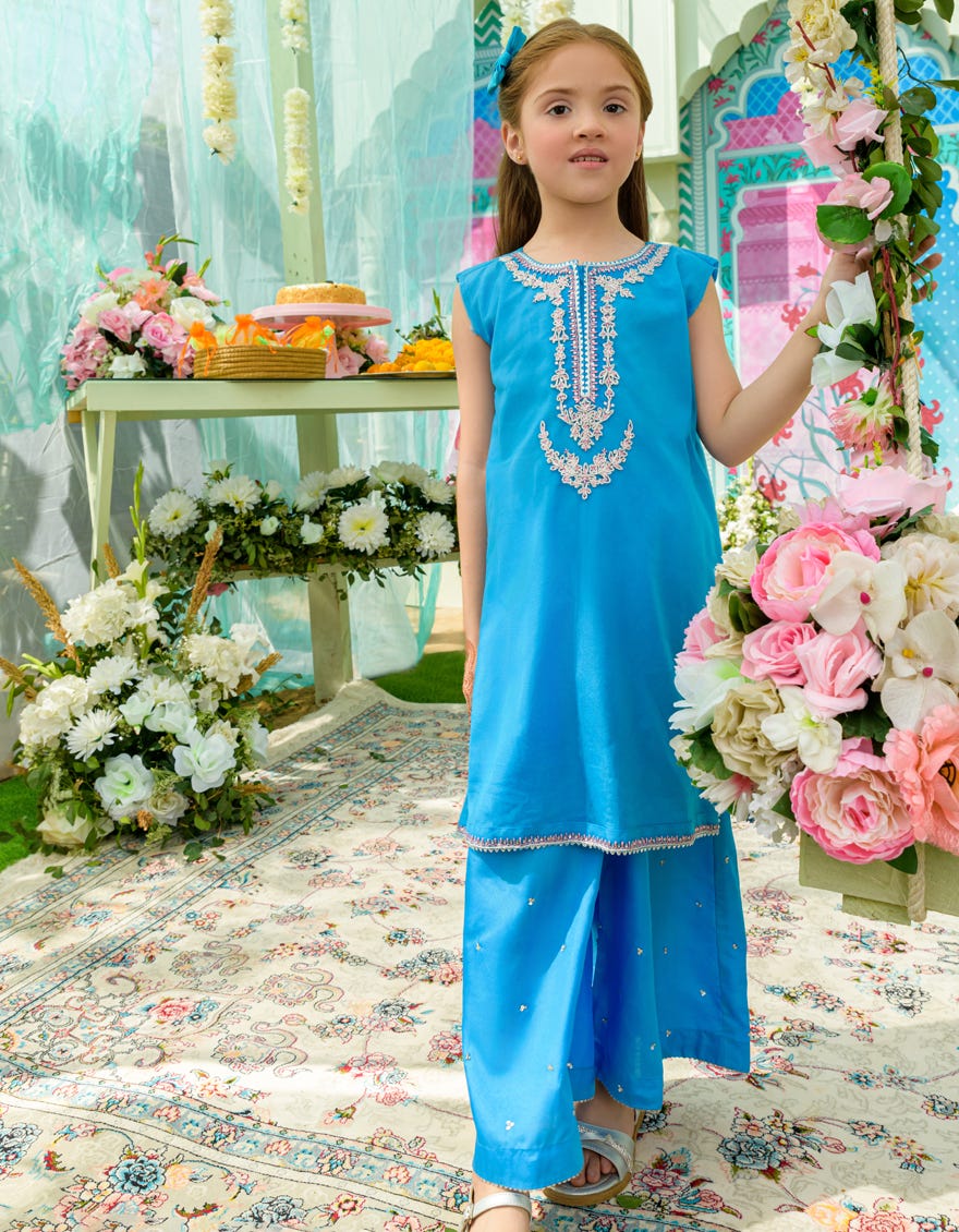 Blue Net Girls 2 Piece Stitched | Jgkl-S-Jk2-23-5616