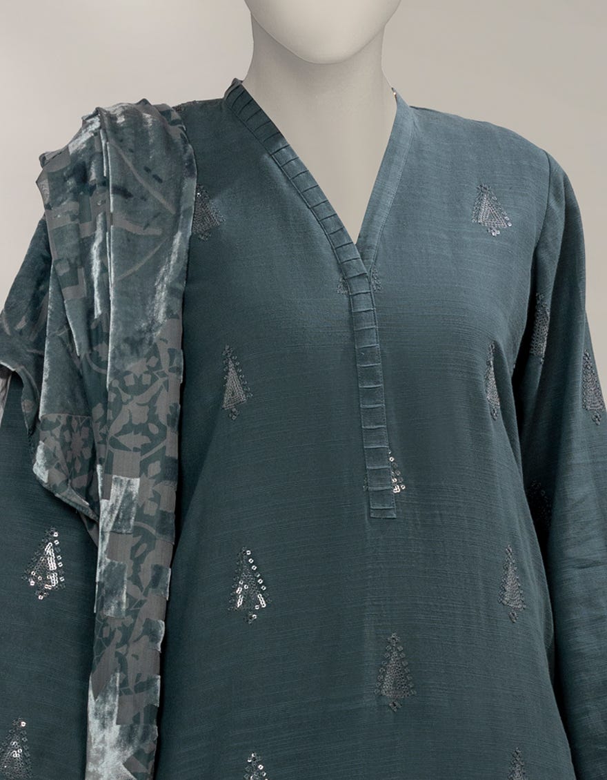 Kadder Color GREEN KHADDAR EMBROIDERED 3PC STITCHED – J.