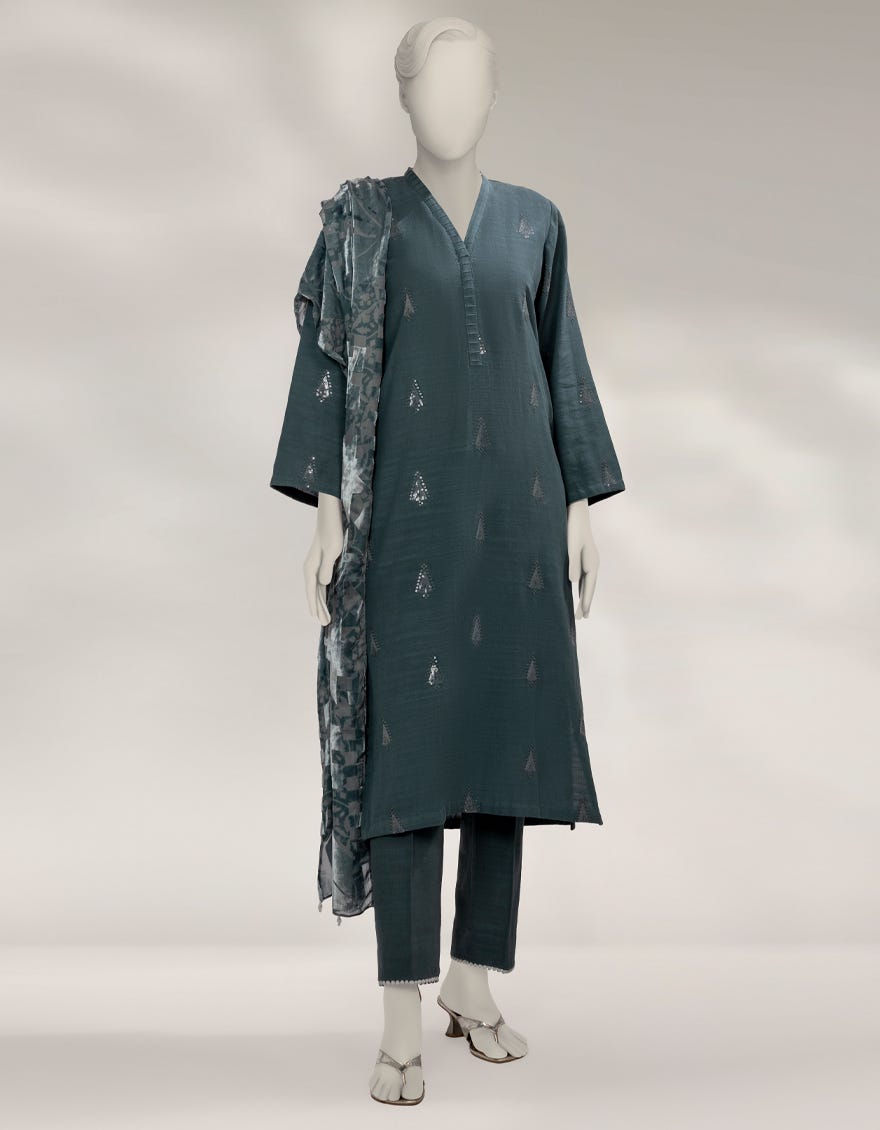 GREEN KHADDAR EMBROIDERED 3PC STITCHED