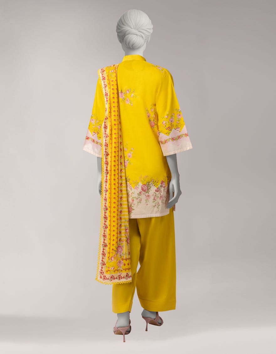 YELLOW LAWN PRINTED 3PC STITCHED